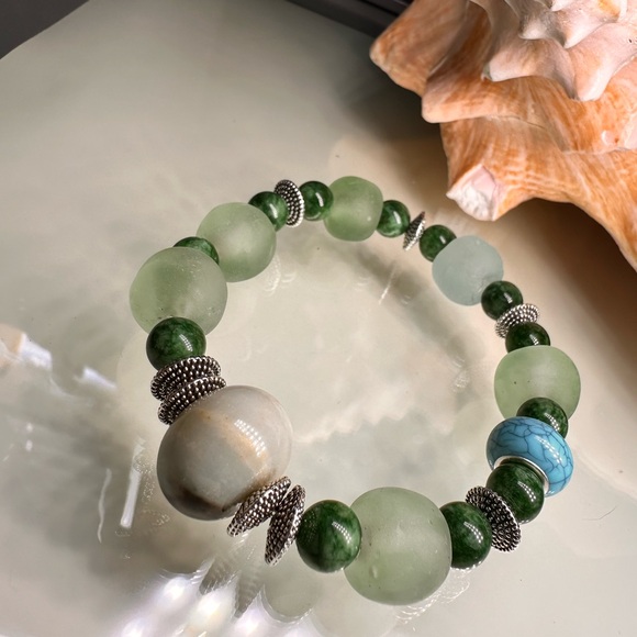 GAMBLER AMAZONITE + SEA GLASS STONES NATURAL BRACELET size 7” - Picture 6 of 15
